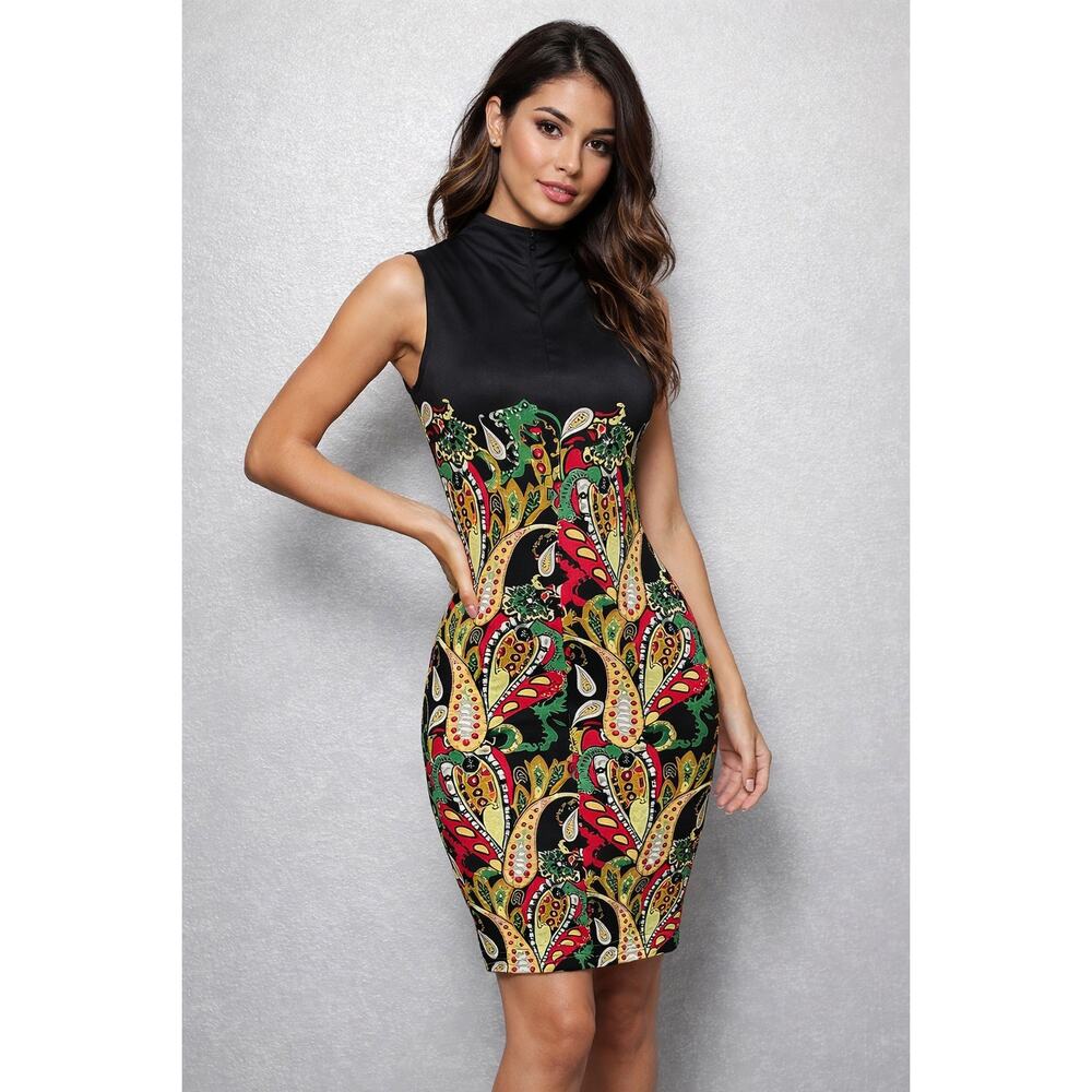 NWT Jude Connally Betty Festive Paisley Black Mock Neck Sleeveless Dress Women S